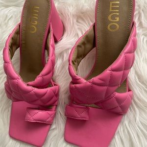 Designer inspired pink square toe mule heel